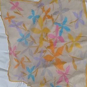 Vintage sheer gold, orange, pink, purple & blue flower scarf 24 x 24 inches